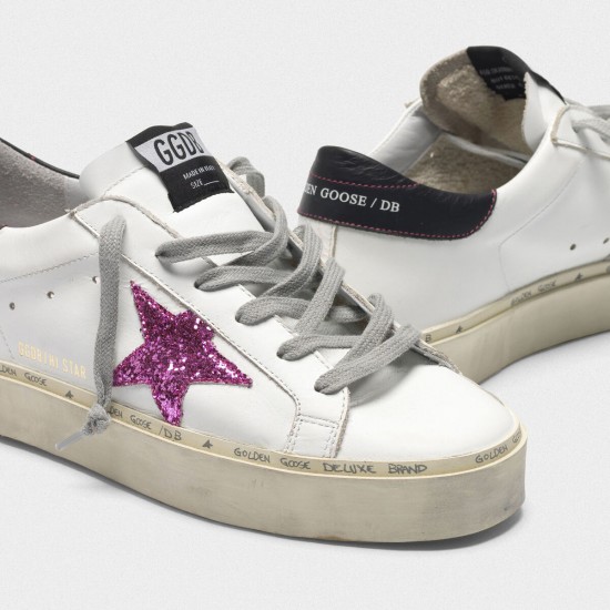 Women Golden Goose hi star sneakers with pink glitter star and black