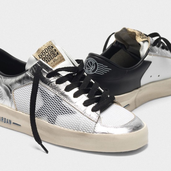 Women Golden Goose stardan sneakers in laminated silver with floral design relief